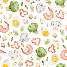 Seamless Watercolor Pattern With Ingredients Of Asian Soup. Hand Drawn Texture With Vegetables, Eggs, Shrimps And Mushrooms On White Background