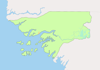  High detailed vector Guinea-Bissau physical map, topographic map of Guinea-Bissau on white with rivers, lakes and neighbouring countries. 