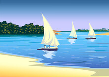 Panoramic Landscape With Coast, Sea, Sailboats And Islands In The Background. Handmade Drawing Vector Illustration. 