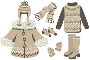 Wall Mural - Set of brown knitted winter clothes and outerwear. Knitted winter scarf, hat, mittens, socks, boots, sweater and jacket. Cute hand drawn elements for winter design. Vector illustration.