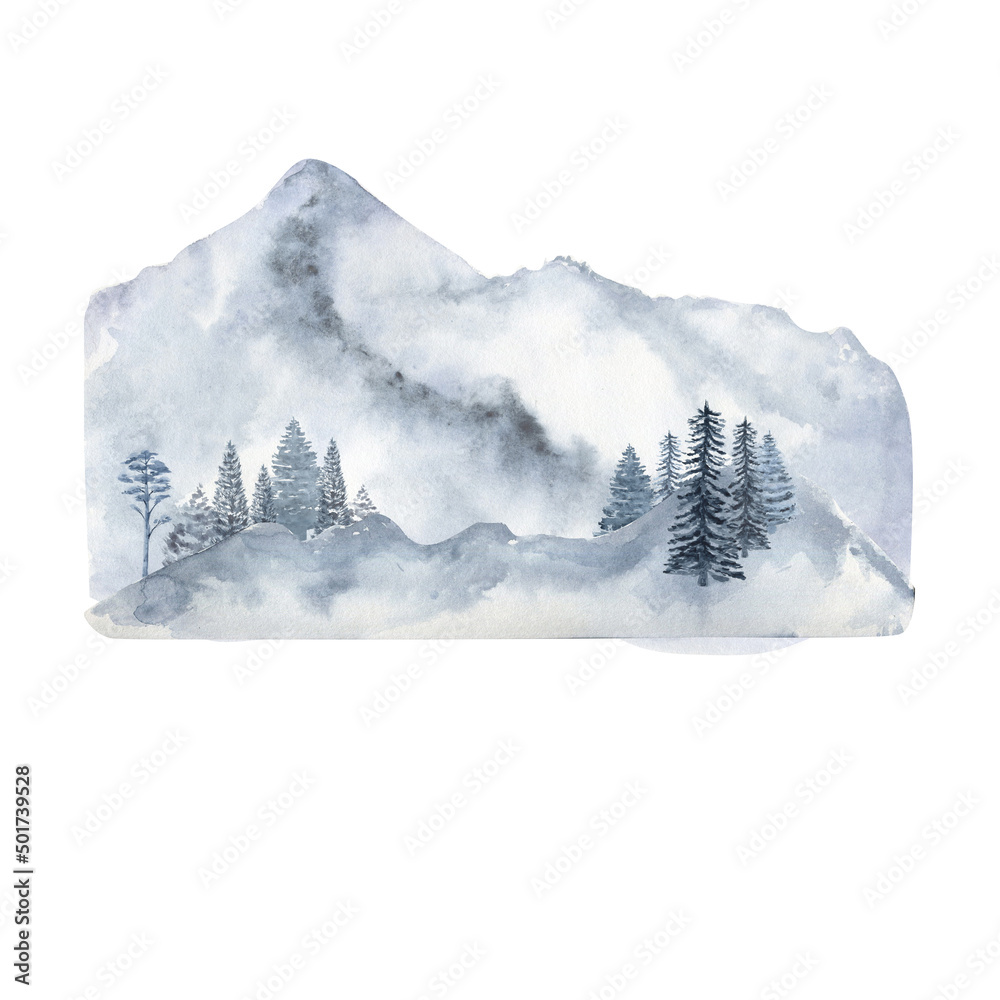 Winter forest and mountains, watercolor clipart on a white background ...