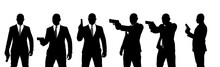 Set Of Silhouettes Of Hand Gun Man On White Background,spy Or Criminal Holding, Pointing And Aiming Hand Gun In Different Poses.