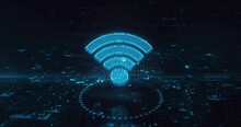 Wifi Mobile Communication And Wireless Network Technology Hologram Symbol Appears On A Digital Background. Cyber And Computer Abstract Concept 3d Animation.