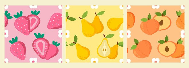 Set of three fruit vector seamless patterns. Includes pears, peaches and strawberries. Suitable for wrapping, wallpaper for your home, fashion design and more