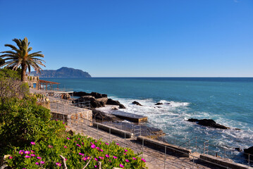 Poster - the coast of nervi and the panorama of the mount of Portofino Italy