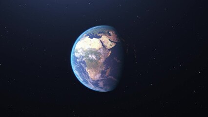 Wall Mural - The Earth seen from space, the 3d globe rotating slowly 360 degrees on the starry background.  Loopable. Exploration space travel concept. 4k