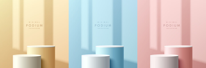 Wall Mural - set of pink, yellow, blue and white realistic 3d cylinder stand podium with window shadow overlay. v