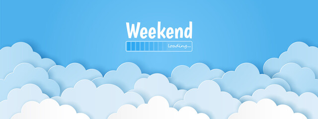 Wall Mural - Paper cut of weekend loading text on blue sky background. Vector illustration