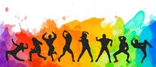 Detailed Watercolor Illustration Silhouettes Of Expressive Dance Colorful Group Of Women's Dancing. Jazz, Funk, Hip-hop, House, Twerk. Dancer Girls Jumping On White Background. Happy Celebration. 