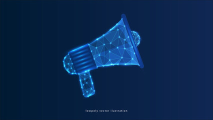 Poster - hand holding megaphone low poly wireframe on blue dark background. online loudspeaker digital market