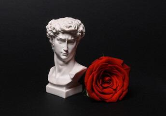 Wall Mural - Romantic, valentine's day concept. David bust with red rose isolated on black background