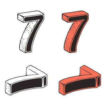 Isometric number 7 doodle vector illustration on white background. Stylized number zero clip art.