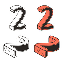 Isometric Number 2 Doodle Vector Illustration On White Background. Stylized Number Zero Clip Art.