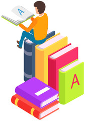 Poster - Self education, man reading book, study and gain new knowledge. Student sitting on stack of textbooks. Concept of online courses, distance studying, self education, digital library, e-learning