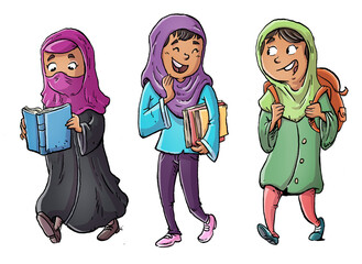 Illustration of muslim girls students walking