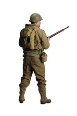 The man is an actor in the military uniform of an American ranger, wearing a helmet and with a carbine in his hands, the period of the Second World War is posing on a white background