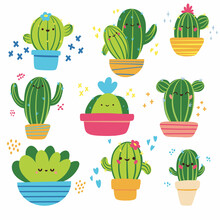 Set Of Colorful Cute Cactus Hand Drawn Vector Trendy Illustration Cartoon Style 