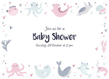 Baby Shower Invitation Card With Cute Marine Animals.