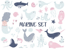 Cute Set Of Sea, Marine Animals And Mermaid In Soft Colors