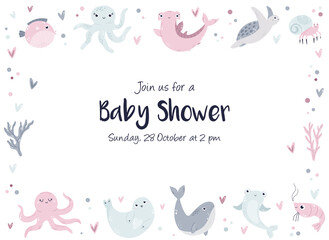 Baby Shower Invitation card with cute marine animals.