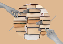Woman Hands Directing To Books Stack. Contemporary Art Collage On Pastel Background. Education, Intellectual Development, Getting Knowledge And Wisdom Concept. High Quality Photo