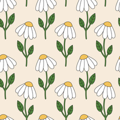 Wall Mural - Seamless vector pattern with groovy camomile flower. 70s, 80s vibes funky background. Retro daisy vector texture. Vintage nostalgia elements for design and print