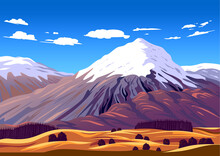 Natural Landscape With Trees, Hills, Meadows And Snowy Peaks In The Background. Handmade Drawing Vector Illustration.
