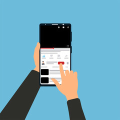 Poster - Subscribing online channel on a mobile vector. Hand holding a smartphone and clicking on subscribe button for a video channel. A smartphone showing online videos and subscription concept vector.