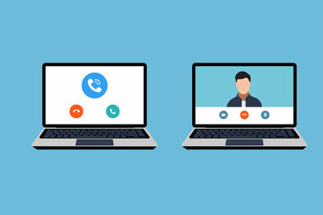 Poster - Online video call concept on laptops vector. Calling online, video conference concept with a flat character illustration. Chatting with friends online and virtual meeting concept vector.