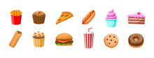 Fast Food Set In Flat Style. Pizza, Burger, Burrito, Hot Dog, Soda, Donut, Cookie, French Fries. Unhealthy Food Vector Icons Collection.