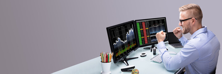 Poster - Excited Stock Market Broker Looking At Graph On Computer