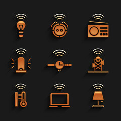 Wall Mural - Set Smartwatch, Wireless laptop, table lamp, antenna, thermometer, flasher siren, radio and light bulb icon. Vector