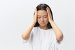 © SHOTPRIME STUDIO - SARS CoVID symptoms. Tormented tanned beautiful young Asian lady touch forehead feel elevated temperatures posing isolated on white background. Injuries Poor health Illness concept. Cool offer Banner