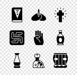 Poster - Set India constitution day, Indian headgear turban, Christian cross, vase, man plays flute, Instrument tabla, Hindu swastika and symbol hand icon. Vector