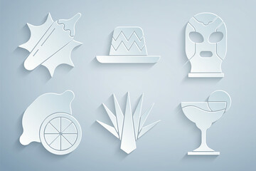 Sticker - Set Agave, Mexican wrestler, Lemon, Margarita cocktail, sombrero and Hot chili pepper pod icon. Vector