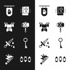 Wall Mural - Set Medieval axe, Body armor, Street signboard with Bar, Holy bible book, Sword blood, Old key, Bullet and for game icon. Vector