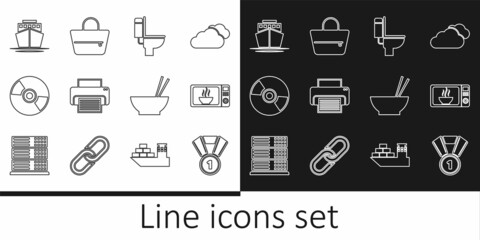 Sticker - Set line Medal, Microwave oven, Toilet bowl, Printer, CD or DVD disk, Ship, Bowl with chopsticks and Handbag icon. Vector