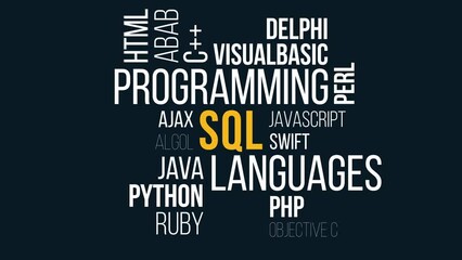 sql Kinetic Typography animation.Collage made of words about holography. word cloud concept.