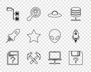 Poster - Set line Unknown document, UFO flying spaceship, Two crossed hammers, Folder tree, Star, Computer network and Rocket with fire icon. Vector
