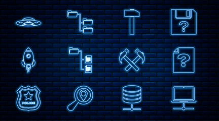Poster - Set line Computer network, Unknown document, Hammer, Folder tree, Rocket ship with fire, UFO flying spaceship, Two crossed hammers and icon. Vector