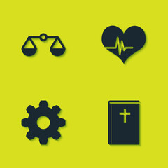 Sticker - Set Scales of justice, Holy bible book, Cogwheel gear settings and Heart rate icon. Vector