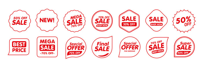 Poster - Set of Sale badges. Sale quality tags and labels. Template banner shopping badges. Special offer, sale, discount, shop, black friday. Red icons. Flat illustration.