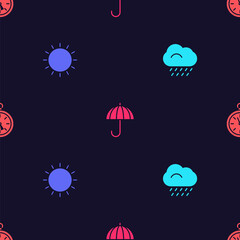 Canvas Print - Set Cloud with rain, Sun, Umbrella and Compass on seamless pattern. Vector