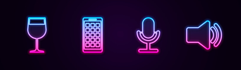 Sticker - Set line Wine glass, Mobile Apps, Microphone and Speaker volume. Glowing neon icon. Vector