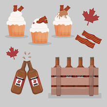 3 Cupcakes With Bacon And Maple Syrup, Bacon Strips And Beer In A Crate, Vector, Canada