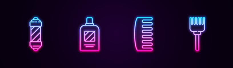 Sticker - Set line Classic Barber shop pole, Bottle of shampoo, Hairbrush and . Glowing neon icon. Vector