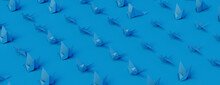 Collection Of Blue Origami Birds On Blue Background. Contemporary Design With Folded Paper Birds.