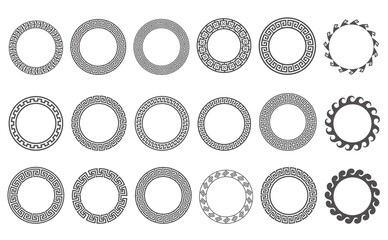Poster - Circle greek frames. Round meander borders. Decoration elements patterns. Vector illustration isolated on white background.