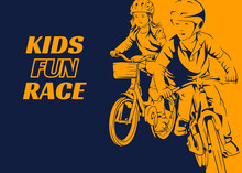 Kids Bicycle Fun Race Poster With Boy And Girl Riding Bicycle Close To Each Other