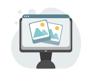 Poster - Photo picture online album and digital gallery. Watching on website or internet electronic photography images files on pc computer. Vector flat illustration